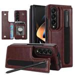 For Samsung Galaxy Z Fold4 Double Buckle Card Slot Foldable Phone Case with Pen Slot(Brown)