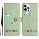For iPhone 12 / 12 Pro Cartoon Cats Leather Phone Case(Green)
