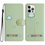 For iPhone 13 Pro Max Cartoon Cats Leather Phone Case(Green)