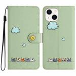 For iPhone 14 / 13 Cartoon Cats Leather Phone Case(Green)