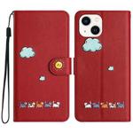 For iPhone 14 Plus Cartoon Cats Leather Phone Case(Red)
