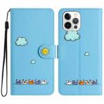 For iPhone 14 Pro Max Cartoon Cats Leather Phone Case(Blue)