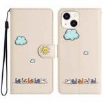 For iPhone 15 Cartoon Cats Leather Phone Case(Beige White)