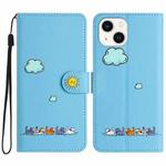 For iPhone 15 Plus Cartoon Cats Leather Phone Case(Blue)