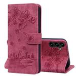 For Samsung Galaxy A15 Cartoon Sakura Cat Embossed Leather Phone Case(Wine Red)