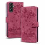 For Samsung Galaxy A56 / A36 Cartoon Sakura Cat Embossed Leather Phone Case(Wine Red)