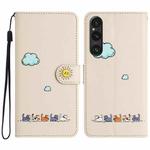 For Sony Xperia 1 V Cartoon Cats Leather Phone Case(Beige White)