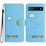 For Google Pixel 6a Cartoon Cats Leather Phone Case(Blue)