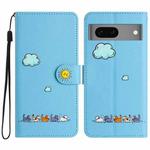 For Google Pixel 7 Cartoon Cats Leather Phone Case(Blue)