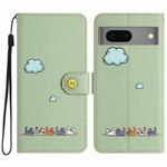 For Google Pixel 7 Cartoon Cats Leather Phone Case(Green)