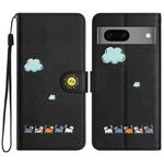For Google Pixel 7 Cartoon Cats Leather Phone Case(Black)