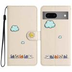 For Google Pixel 7 Cartoon Cats Leather Phone Case(Beige White)