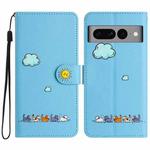 For Google Pixel 7 Pro Cartoon Cats Leather Phone Case(Blue)
