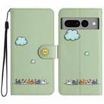 For Google Pixel 7 Pro Cartoon Cats Leather Phone Case(Green)