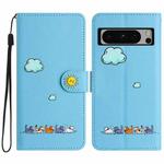 For Google Pixel 8 Pro Cartoon Cats Leather Phone Case(Blue)