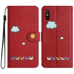 For Xiaomi Redmi 9A Cartoon Cats Leather Phone Case(Red)