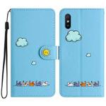 For Xiaomi Redmi 9A Cartoon Cats Leather Phone Case(Blue)