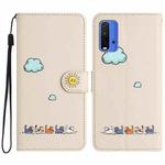 For Xiaomi Redmi 9T Cartoon Cats Leather Phone Case(Beige White)