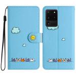 For Samsung Galaxy S20 Ultra Cartoon Cats Leather Phone Case(Blue)