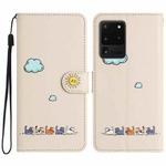 For Samsung Galaxy S20 Ultra Cartoon Cats Leather Phone Case(Beige White)