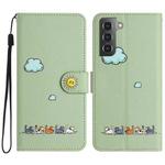 For Samsung Galaxy S21 5G Cartoon Cats Leather Phone Case(Green)