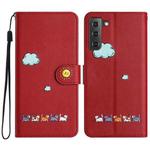 For Samsung Galaxy S21 FE 5G Cartoon Cats Leather Phone Case(Red)