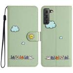 For Samsung Galaxy S21 FE 5G Cartoon Cats Leather Phone Case(Green)