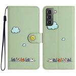 For Samsung Galaxy S21+ 5G Cartoon Cats Leather Phone Case(Green)