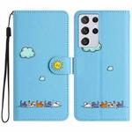 For Samsung Galaxy S21 Ultra 5G Cartoon Cats Leather Phone Case(Blue)
