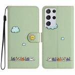 For Samsung Galaxy S21 Ultra 5G Cartoon Cats Leather Phone Case(Green)