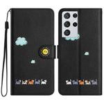 For Samsung Galaxy S21 Ultra 5G Cartoon Cats Leather Phone Case(Black)