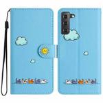 For Samsung Galaxy S22 5G Cartoon Cats Leather Phone Case(Blue)