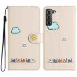 For Samsung Galaxy S22 5G Cartoon Cats Leather Phone Case(Beige White)