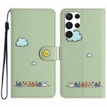For Samsung Galaxy S22 Ultra 5G Cartoon Cats Leather Phone Case(Green)