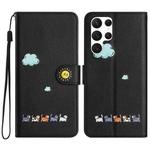 For Samsung Galaxy S22 Ultra 5G Cartoon Cats Leather Phone Case(Black)