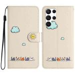 For Samsung Galaxy S22 Ultra 5G Cartoon Cats Leather Phone Case(Beige White)