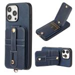 For iPhone 15 Pro Max 02 RFID Card Bag Cowhide Texture PU Phone Case(Blue)