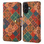 For iPhone 16 Plus Denior Flower Language Series Cork Fabric Oil Edge Leather Phone Case(Winter)