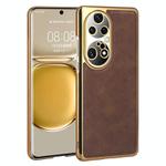 For Huawei P50 Pro Electroplated Leather Texture PU + PC Phone Case(Brown)