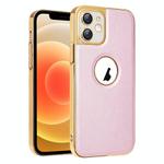 For iPhone 12 Electroplated Leather Texture PU + PC Phone Case(Pink)