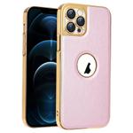 For iPhone 12 Pro Max Electroplated Leather Texture PU + PC Phone Case(Pink)