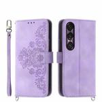 For Sony Xperia 1 VII Skin-feel Flowers Embossed Wallet Leather Phone Case(Purple)