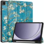 For Samsung Galaxy Tab A9+ Painted 3-folding Holder TPU Smart Leather Tablet Case(Apricot Blossom)