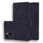 For iPhone 15 Mandala Embossed Dual-Fold Calf Leather Phone Case(Black)