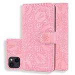 For iPhone 16 Pro Max Mandala Embossed Dual-Fold Calf Leather Phone Case(Pink)