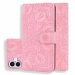 For iPhone 16 Plus Mandala Embossed Dual-Fold Calf Leather Phone Case(Pink)