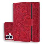 For iPhone 16 Plus Mandala Embossed Dual-Fold Calf Leather Phone Case(Red)