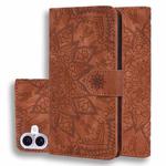 For iPhone 16 Mandala Embossed Dual-Fold Calf Leather Phone Case(Brown)