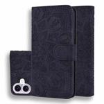 For iPhone 16 Mandala Embossed Dual-Fold Calf Leather Phone Case(Black)