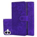 For iPhone 16 Mandala Embossed Dual-Fold Calf Leather Phone Case(Purple)